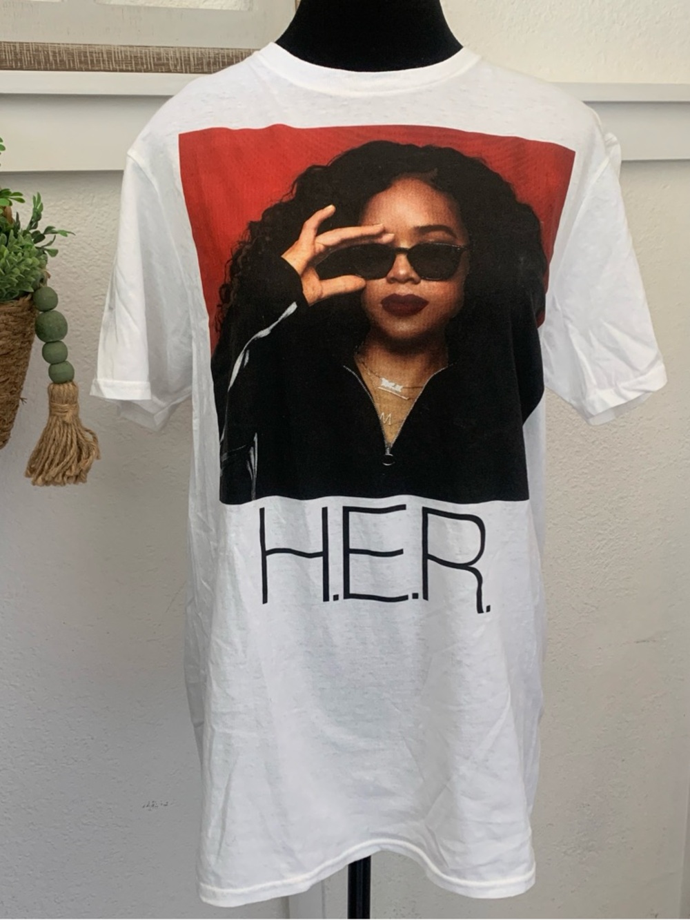 White Graphic Tee with Red Accent and HER Print